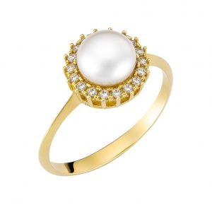 Δαχτυλίδι Χρυσό 14K Με Μαργαριτάρι & Λευκές Πέτρες Περιμετρικά MSD-10213Y