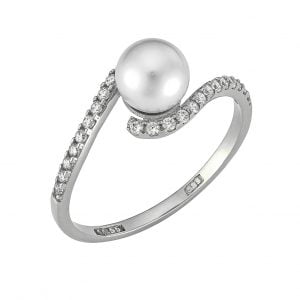 Δαχτυλίδι Λευκόχρυσο 14K Με Μαργαριτάρι & Ιδιαίτερο Δέσιμο Με Λευκές Πέτρες Ζιργκόν MSD-10210W