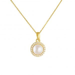 Κολιέ Χρυσό Κ14 Με Μαργαριτάρι & Λευκές Πέτρες Ζιργκόν Περιμετρικά ΚΒΚ-20226Y