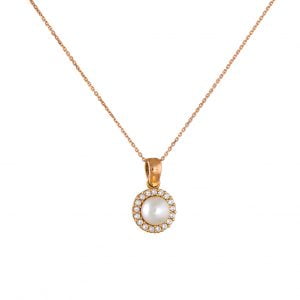 Κολιέ Ροζ Χρυσό Κ14 Με Μαργαριτάρι & Λευκές Πέτρες Ζιργκον ΚΒΚ-20228R