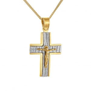 Σταυρός Mε Aλυσίδα 45cm Ανδρικός Με Αλυσίδα 50cm 14K Δίχρωμος Με Τον Εσταυρωμένο ASS-20278Y