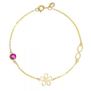 Βραχιόλι Χρυσό Κ14 Με Λουλούδι Άπειρο & Κόκκινη Πέτρα Ζιργκον IPB-20584Y