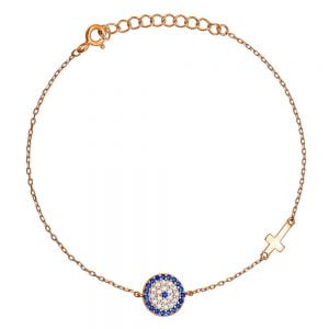 Βραχιόλι Ασημένιο 925 Ροζ Στρόγγυλο Μάτι & Σταυρουδάκι ASZ-0063R