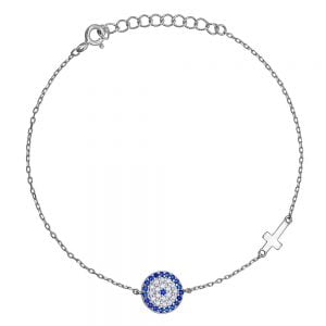 Βραχιόλι Ασημένιο 925 Στρόγγυλο Μάτι & Σταυρουδάκι ASZ-0063W