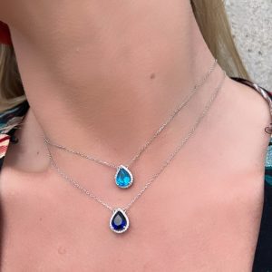 Κολιέ Ασημένιο 925 Ροζέτα Δάκρυ Με Γαλάζια Πέτρα ASZ-0187W