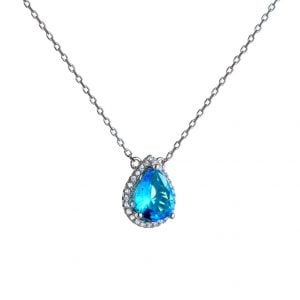 Κολιέ Ασημένιο 925 Ροζέτα Δάκρυ Με Γαλάζια Πέτρα ASZ-0187W