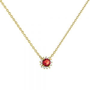 Κολιέ Ασημένιο 925 Επιχρυσωμένη Ροζέτα Στρόγγυλη Με Κόκκινη Πέτρα ASZ-0195G