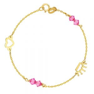 Βραχιόλι Παιδικό Χρυσό Κ14 Με Κορώνα Ροζ Πέτρες & Καρδούλα IPB-20785G