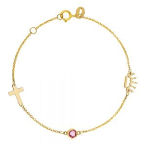 Βραχιόλι Παιδικό Χρυσό Κ14 Με Κορώνα Ροζ Πέτρα & Σταυρουδάκι IPB-20784G