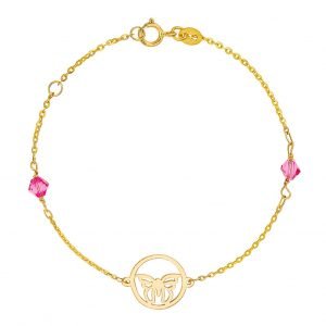 Βραχιόλι Παιδικό Χρυσό Κ14 Κύκλος Με Πεταλούδα & Ροζ Πέτρες IPB-20787G
