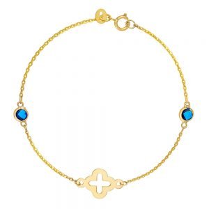 Βραχιόλι Χρυσό Κ14 Με Σταυρουδάκι και Μπλε Πέτρες Ζιργκον IPB-20790G