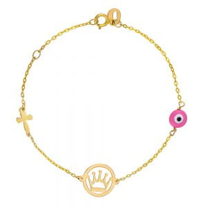 Βραχιόλι Παιδικό Χρυσό Κ14 Κορώνα Σταυρουδάκι Ματάκι IPB-20783G