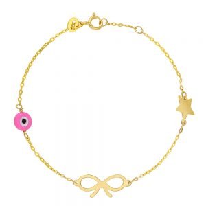 Βραχιόλι Παιδικό Χρυσό Κ14 Με Φιογκάκι Αστεράκι & Ματάκι Ροζ IPB-20782G