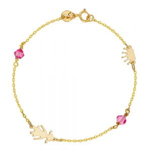 Βραχιόλι Παιδικό Χρυσό Κ14 Με Κορώνα, Κοριτσάκι & Ροζ Πέτρες IPB-20788G