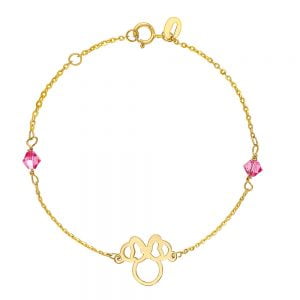 Βραχιόλι Παιδικό Χρυσό Κ14 Με Την Μίννι & Ροζ Πέτρες IPB-20786G