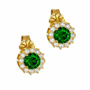 Σκουλαρίκια Χρυσά Κ14 Ροζέτα Με Στρόγγυλη Πράσινη Πέτρα Στο Κέντρο & Λευκές Περιμετρικά MSS-20826Y