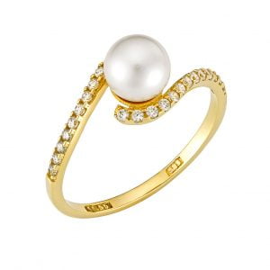 Δαχτυλίδι Χρυσό Κ14 Με Μαργαριτάρι & Ιδιαίτερο Δέσιμο Με Λευκές Πέτρες Ζιργκόν MSD-10210G