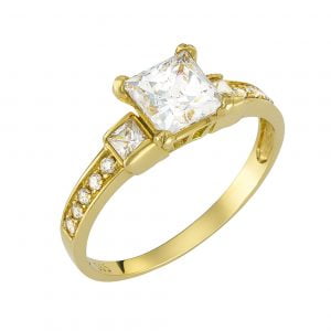 Μονόπετρο Δαχτυλίδι Χρυσό K14 Με Λευκή Τετράγωνη Πέτρα Ζιργκον MSD-10153Y