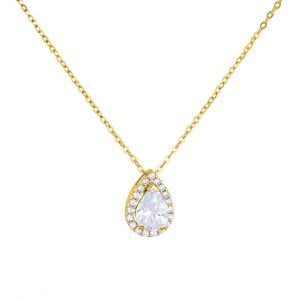 Κολιέ Χρυσό Κ14 Ροζέτα Δάκρυ Με Λευκές Πέτρες Ζιργκόν MSK-20839G