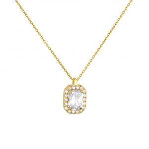 Κολιέ Χρυσό Κ14 Ροζέτα Ορθογώνια Με Λευκές Πέτρες Ζιργκον MSK-20837Y