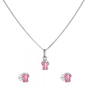 Παιδικό Ασημένιο 925 Σετάκι Κολιέ & Σκουλαρίκια Πεταλούδα Με Ροζ Σμάλτο ASZ-1016W