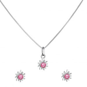 Παιδικό Ασημένιο 925 Σετάκι Κολιέ & Σκουλαρίκια Ήλιος Με Ροζ Σμάλτο ASZ-1015W