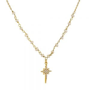 Κολιέ Ασημένιο 925 Επιχρυσωμένο Αστέρι Με Μαργαριταράκια Στην Αλυσίδα ASZ-1034G