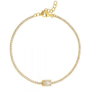 Βραχιόλι Ασημένιο 925 Επιχρυσωμένο Ριβιέρα Με Λευκές Πέτρες Ζιργκον & Ορθογώνιο Καστόνι Στο Κέντρο ASZ-1012G