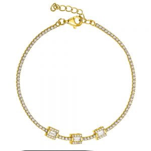 Βραχιόλι Ασημένιο 925 Επιχρυσωμένο Ριβιέρα Με Τρια Ορθογώνια Με Λευκές Πέτρες Ζιργκόν ASZ-1000G