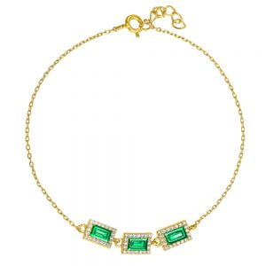 Βραχιόλι Ασημένιο 925 Επιχρυσωμένο Με Ορθογώνια Καστόνια Πράσινη Πέτρα Στο Κέντρο & Λευκές Περιμετρικά ASZ-1003G