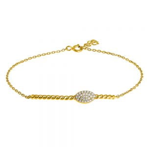 Βραχιόλι Ασημένιο 925 Επιχρυσωμένο Με Στριφτό Σχέδιο & Οβάλ Με Λευκές Πέτρες Ζιργκόν ASZ-1005G