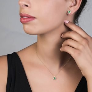Σκουλαρίκια Χρυσά Κ14 Ροζέτα Στρόγγυλη Με Πράσινη Πέτρα Ζιργκον Στο Κέντρο & Λευκές Περιμετρικά MSS-20826Y