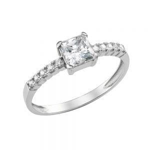 Γυναικείο Δαχτυλίδι Λευκόχρυσο 14Κ Με Τετράγωνη Λευκή Πέτρα Ζιργκόν Στο Κέντρο & Στρόγγυλες Κατά Μήκος Του Δαχτυλιδιού MSD-20951W