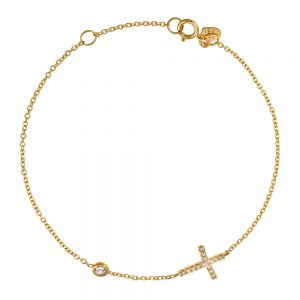 Βραχιόλι Χρυσό Κ14 Με Σταυρουδάκι & Λευκές Πέτρες Ζιργκον TGB-20885Y
