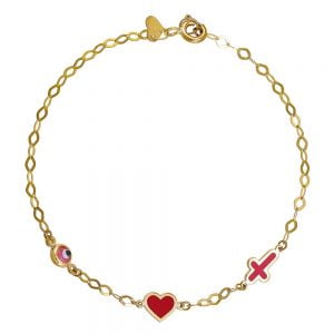 Βραχιόλι Παιδικό Χρυσό Κ9 Με Καρδιά, Σταυρουδάκι & Ματάκι TGB-20905Y