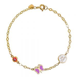 Βραχιόλι Παιδικό Χρυσό Κ9 Με Πεταλούδα Κύκλο “Να Ζήσει” & Ματάκι TGB-20906Y