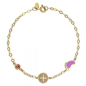Βραχιόλι Παιδικό Χρυσό Κ14 “IC XC NI KA”  & Πατούσα Ροζ TGB-20907Y