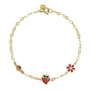 Βραχιόλι Παιδικό Χρυσό Κ9 Με Φράουλα, Μαργαρίτα & Ματάκι TGB-20912Y