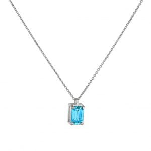 Κολιέ Λευκόχρυσο 14Κ Μονόπετρο Με Γαλάζια Πέτρα Ζιργκόν Σε Κοπή BAGUETTE MSK-20939W
