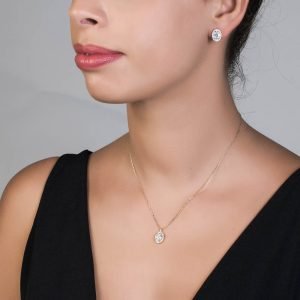 Γυναικεία Σκουλαρίκια Χρυσά 14Κ Με Λευκή Οβάλ Πέτρα Στο Κέντρο & Στρόγγυλες Περιμετρικά MSS-21000Y