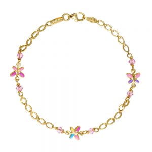 Βραχιόλι Χρυσό Κ14 Παιδικό Mε Πεταλούδες Με Σμάλτο & Ροζ Πέτρες KBB-21247Y