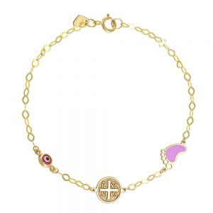 Βραχιόλι Ασημένιο 925 Επιχρυσωμένο Με Στρόγγυλο “IC XC NI KA” Πατούσα Με Ροζ Σμάλτο & Ματάκι TGS-21266Y