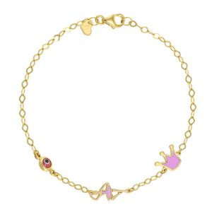 Βραχιόλι Ασημένιο 925 Επιχρυσωμένο Με Μπαλαρίνα & Κορώνα Με ροζ Σμάλτο Και Ματάκι TGS-21267Y
