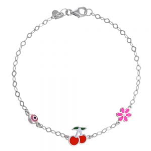 Βραχιόλι Ασημένιο 925 Επιπλατινωμένο Με Κερασάκι, Μαργαρίτα & Ματάκι TGS-21281W