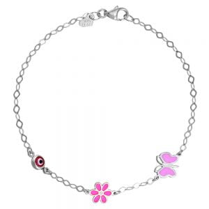 Βραχιόλι Ασημένιο 925 Επιπλατινωμένο Με Μαργαρίτα, Πεταλούδα & Ματάκι TGS-21282W