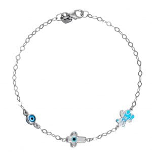 Βραχιόλι Ασημένιο 925 Επιπλατινωμένο Με Σταυρουδάκι, Αρκουδάκι & Ματάκι TGS-21284W