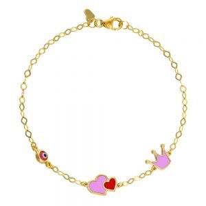 Βραχιόλι Ασημένιο 925 Με Διπλή Καρδιά Με Ροζ Και Κόκκινο Σμάλτο, Κορώνα Με Ροζ Σμάλτο Και Ματάκι TGS-21269Y