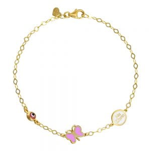 Βραχιόλι Ασημένιο 925 Επιχρυσωμένο Με Πεταλούδα Στρόγγυλο “Nα Zήσει” & Ματάκι TGS-21272Y