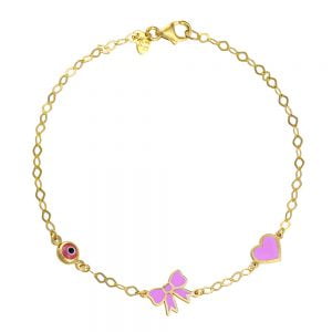 Βραχιόλι Ασημένιο 925 Επιχρυσωμένο Με Φιογκάκι & Καρδιά Με Ροζ Σμάλτο TGS-21274Y