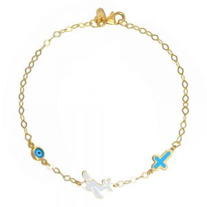 Βραχιόλι Ασημένιο 925 Επιχρυσωμένο Με Αεροπλανάκι, Σταυρουδάκι Με Σμάλτο & Ματάκι TGS-21288Y